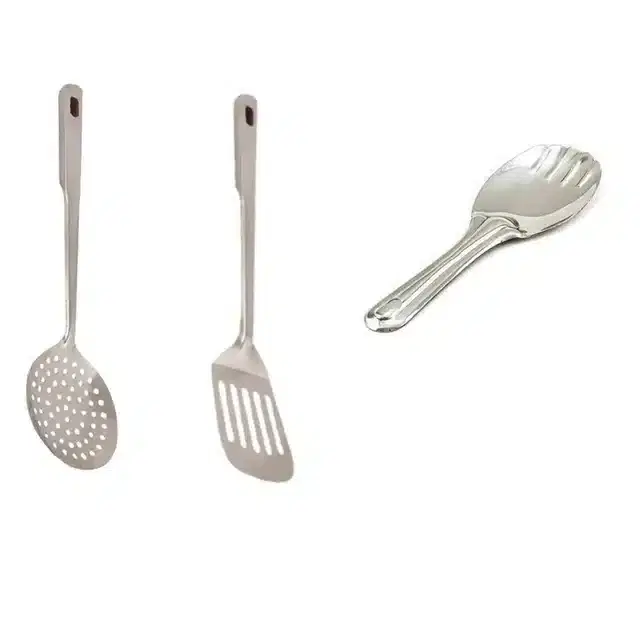 Combo of Stainless Steel Cooking & Serving Spoon Set, Pack of 3, Silver