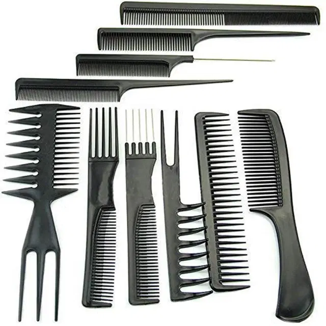 Plastic 10 Pcs Hair Care Comb Set, Black, Set of 1