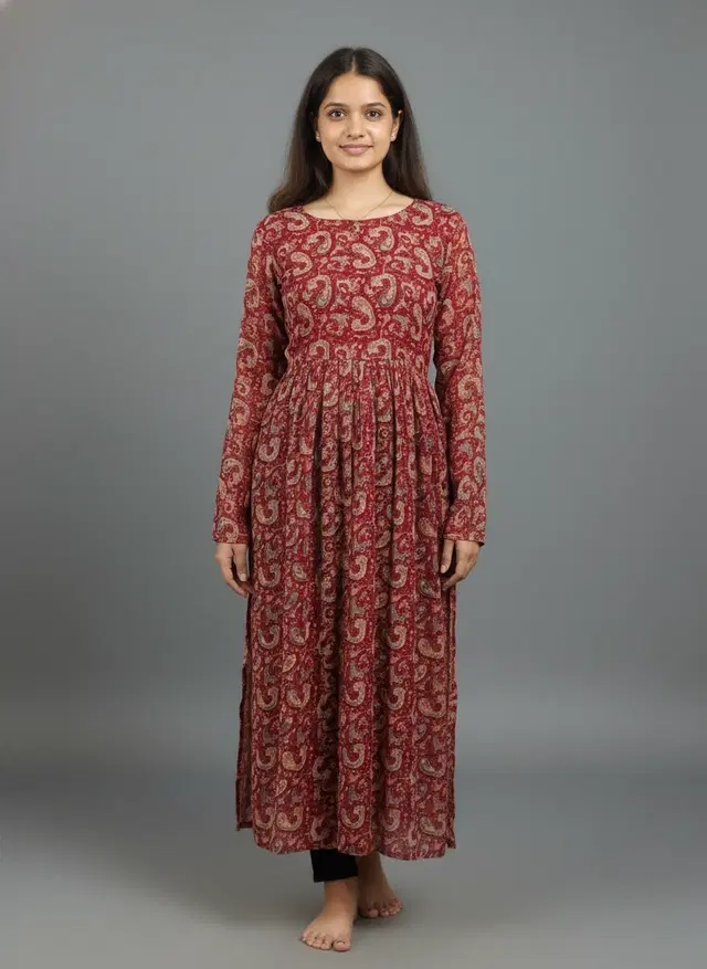 Kalamkari Print Naira Kurti for Women (Red, XS)