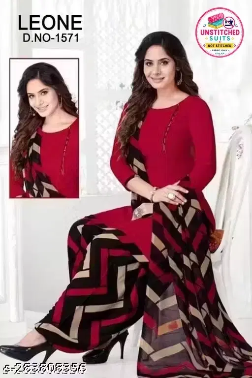 Crepe Unstitched Geometric Printed Suit Set with Dupatta (Red)