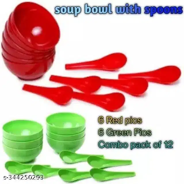 Plastic 12 Pcs Bowls, 250 ml with 12 Pcs Spoons, Red & Green, Set of 2
