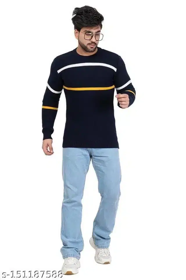Acrylic Sweater for Men (Navy Blue, M)