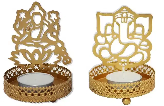 Lord Ganesh & Lakshmi Tealight Candle Holder Combo, Pack of 2, Gold
