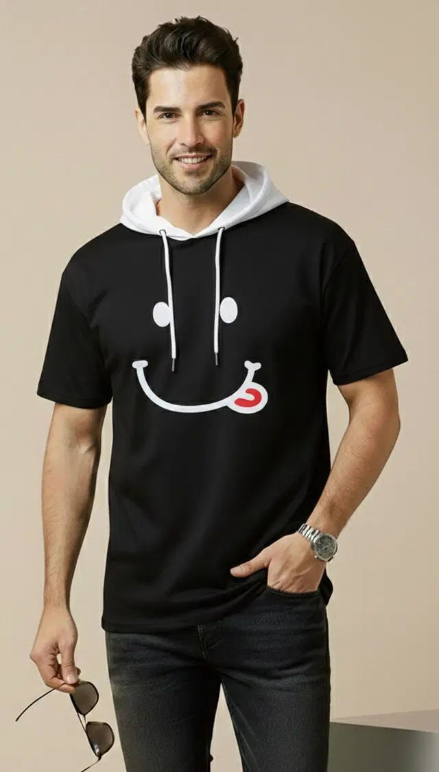 Polyester Printed T-shirt for Men, Black (XL)