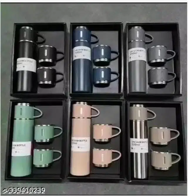 Stainless Steel Flask Bottle with 3 Pcs Cups, Black, Set of 1