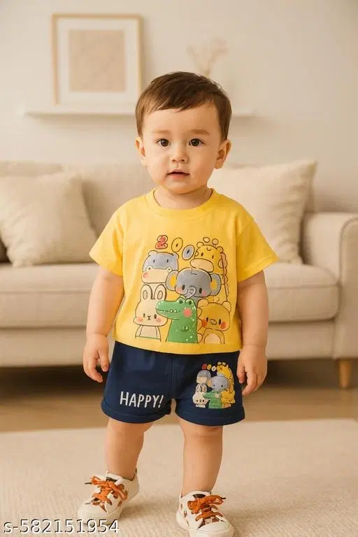 Hosiery Cotton Printed Clothing Set for Kids, Yellow & Blue (18-24 Months)