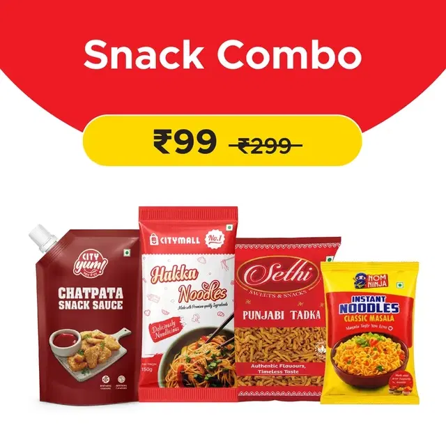 Ultimate Snack Pack (Citymall No.1 Hakka Noodles 150 g + Nom Ninja Instant Masala Noodles 3X50g (Pack of 3) + City Yum Chatpata Snack Sauce 800 g + Sethi Punjabi Tadka 75g)