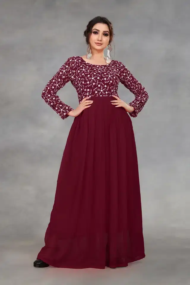 Women's Embroidered Anarkali Flared Gown (Maroon, L)