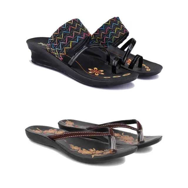 Sandals for Women, Pack of 2 (Black & Brown, 5)