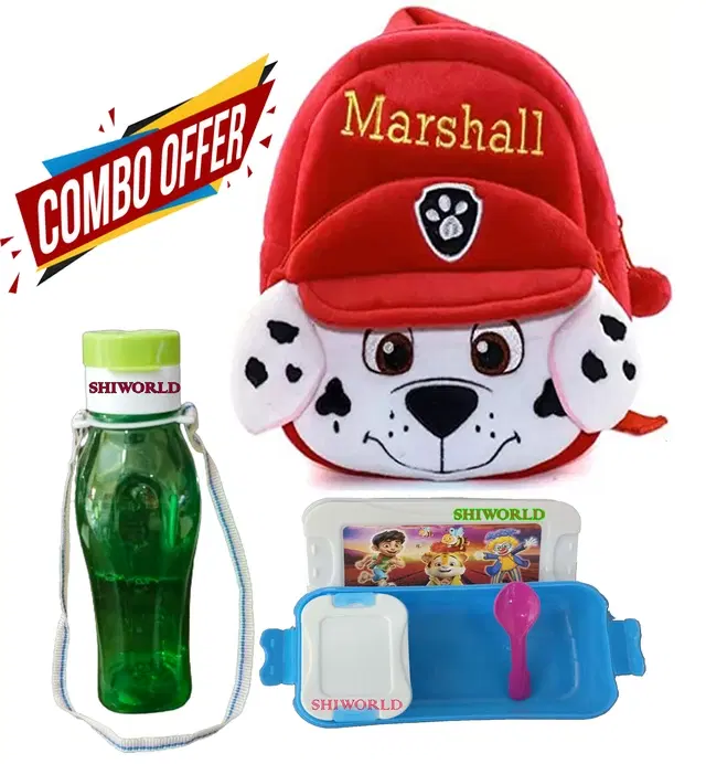 Combo of Fabric School Bag, Water Bottle with Lunch Box for Kids, Multicolor, Set of 3