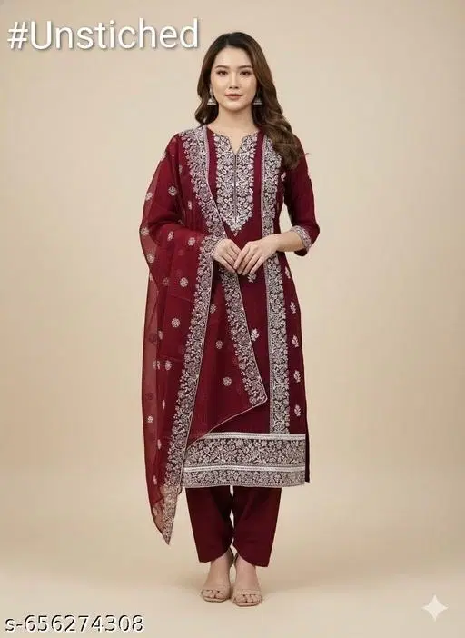 Embroidered Lucknowi Floral Sewing & Embroidery (, 5.85 meter (S)) (Red, 7.05 meter (4XL)