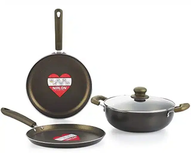 Aluminium Non Stick Tawa, Sauce Pan & Kadahi with Lid, Gold, Set of 3