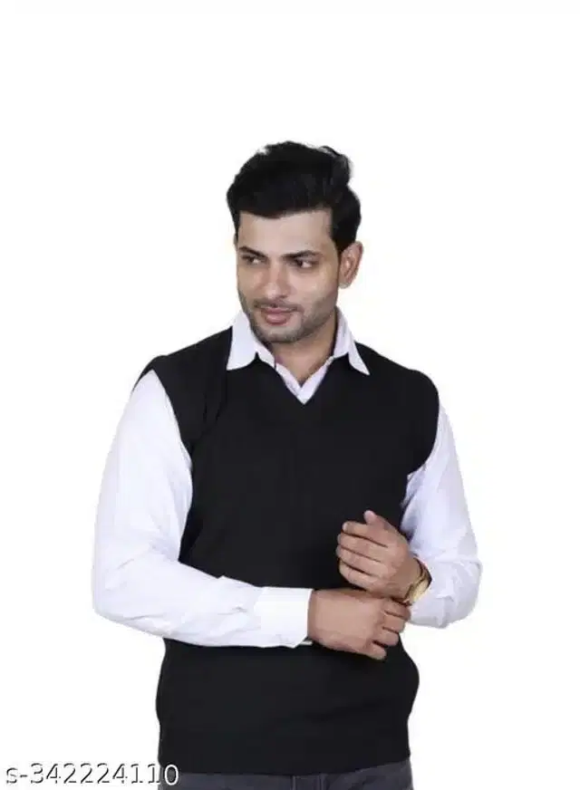 Woolen Sleeveless Sweater for Men (Black, XL)