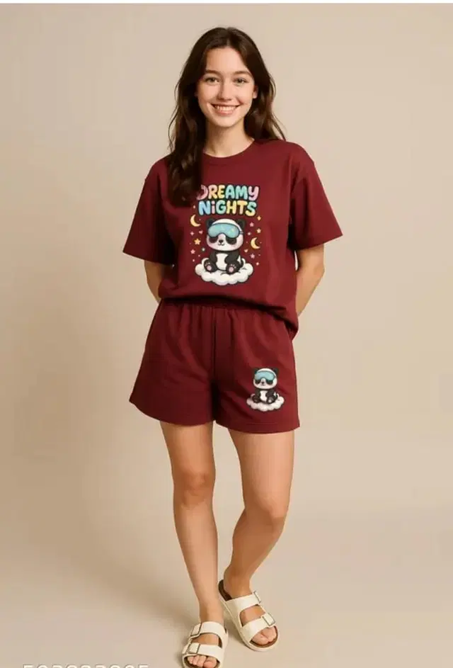 Cotton Blend Printed Top & Bottom Set for Women, Maroon (XS)