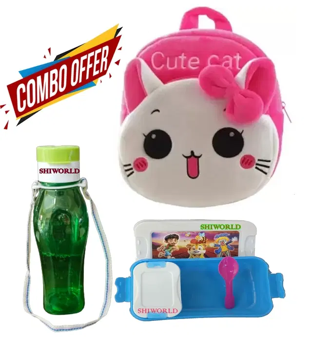 Combo of Fabric School Bag, Water Bottle with Lunch Box for Kids, Multicolor, Set of 3