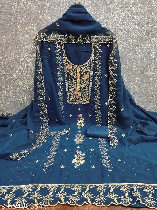 Georgette Punjabi/All Over Suits Semi-Stitched Suits (Navy Blue, 6.45 meter for Women (XL)