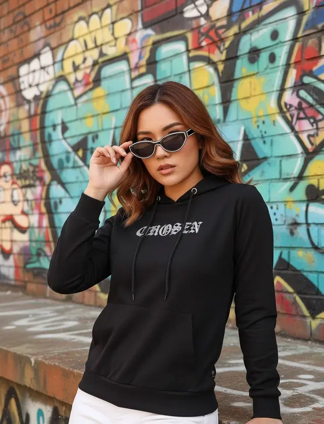 Fleece Printed Hoodie For Women, Black (L)