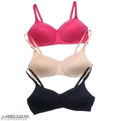 Cotton Blend Solid Bra for Women & Girls, Multicolour, Pack of 3 (36B)