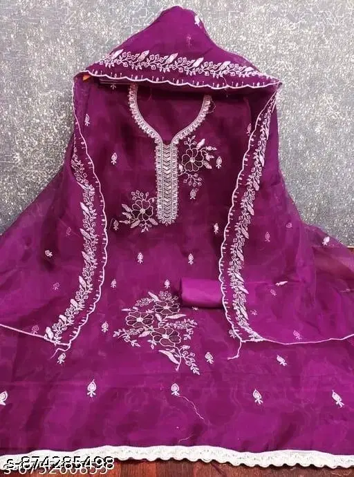 Organza Embroidered Punjabi Suits for Women (Wine, Un Stitched)