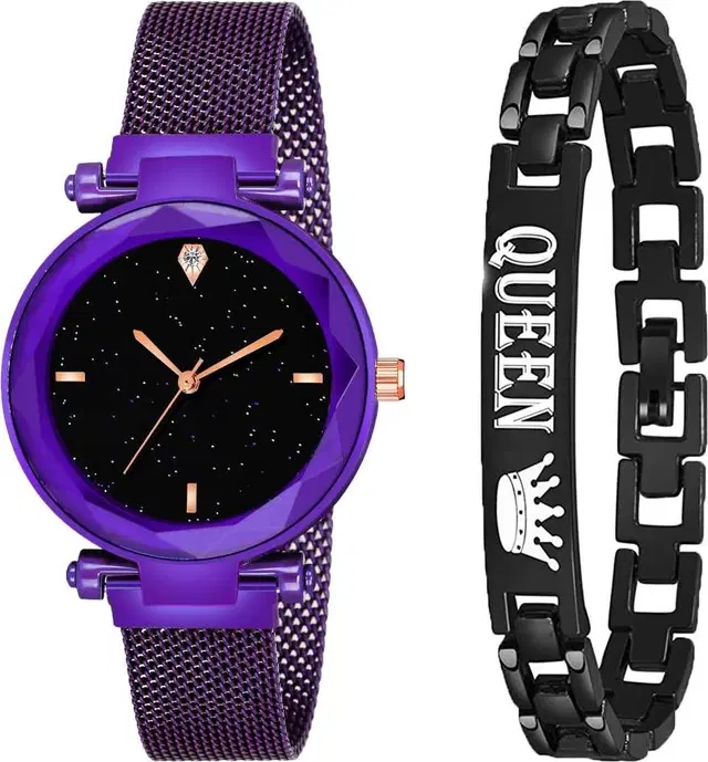 Metal Strap Analog Watch with Bracelet for Women & Girls, Set of 2 (Multicolor)