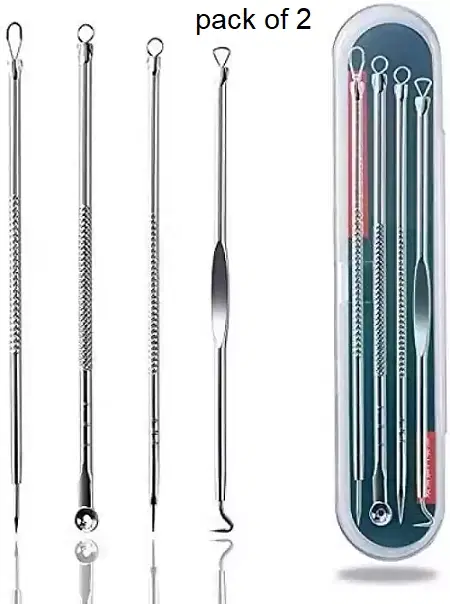 Stainless Steel 4 Pcs Acne Blackhead Remover, Silver, Set of 2