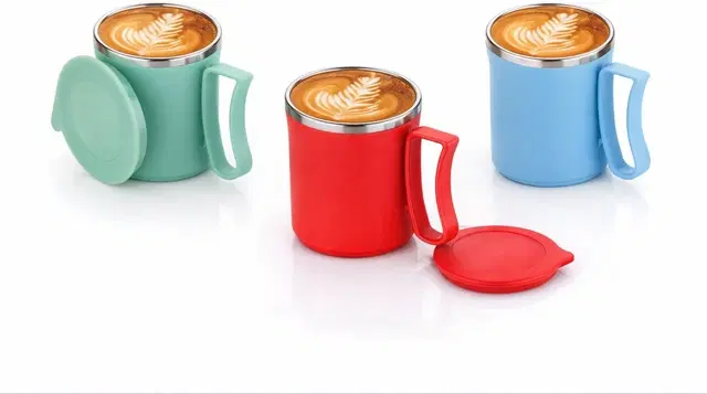 Stainless Steel Coffe Mug, Multicolour, Pack of 3 (300 ML)