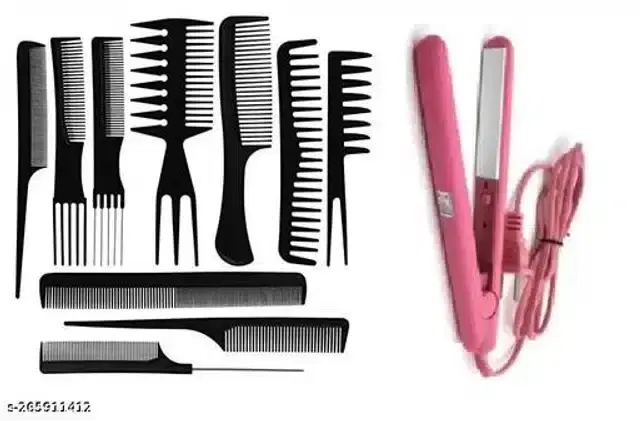 Hair Straightener with 10 Pcs Salon Hair Comb, Black & Pink, Set of 11