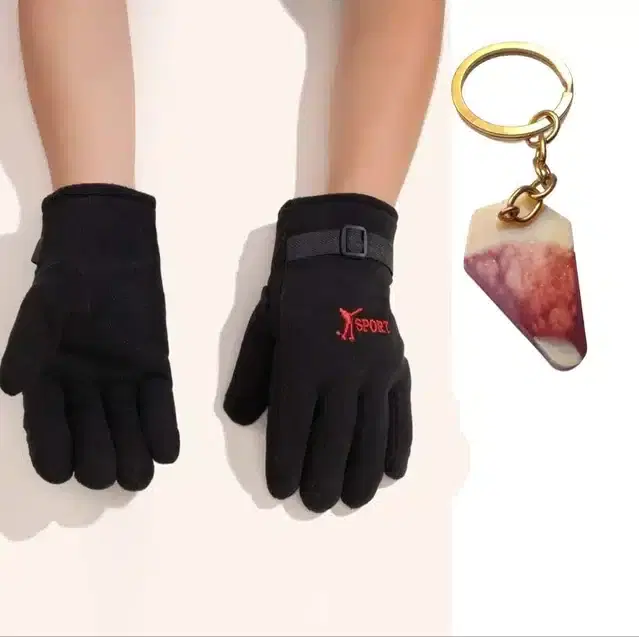 Fleece Winter Gloves with Resin Keychain for Men, Combo of 2 (Black)