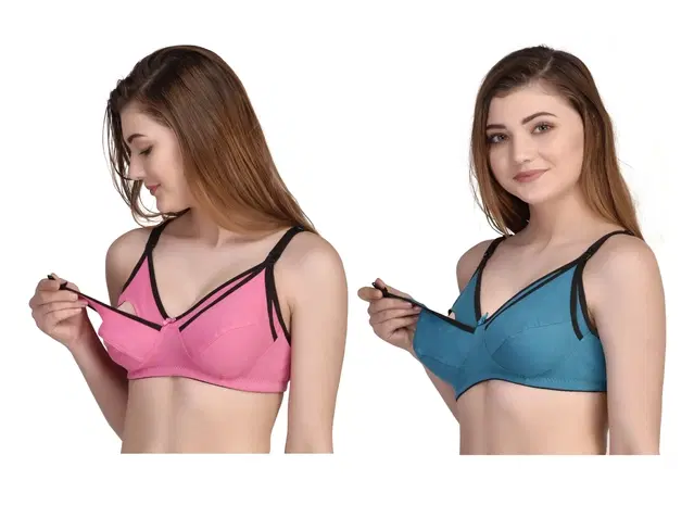 Cotton Blend Solid Non Padded Feeding Bras for Women, Pack of 2 (Multicolor, 2XL)