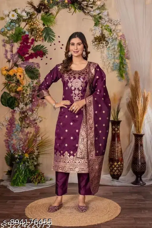 Banarasi Silk Kurta Set for Women, Pack of 3 (Lavender, M)