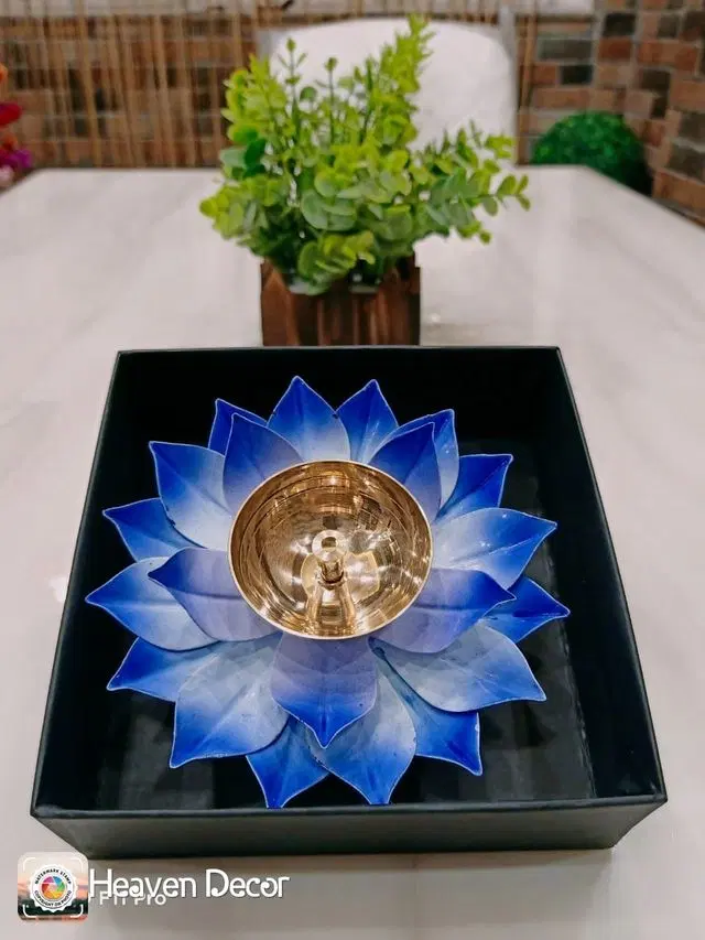 Heaven Decor Iron And Brass Kamal Ptta Blue Color Akhand Diya With Fancy Gift Box, 5 Inch, A008