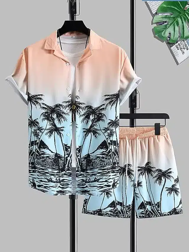 Silk Blend Printed Top & Bottom Set for Men (Multicolor, S)