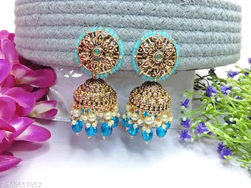 Gold Antique Statement Jhumkha for Women (Blue, Free Size)