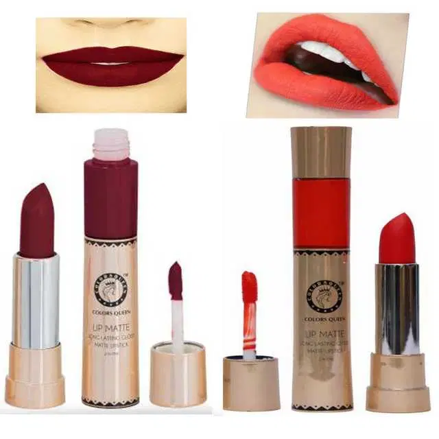 Combo of 1 Colors Queen Lip Matte Mehroon 2 In 1 24 Hour Long Lasting Gloss And Matte Lipstick, 6&2 g & 1 Colors Queen Lip Matte Orange 2 In 1 24 Hour Long Lasting Gloss And Matte Lipstick, 6&2 g, R886