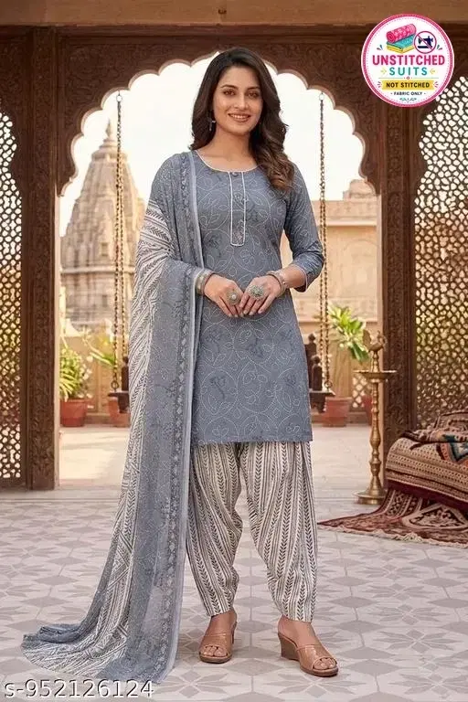 Cotton Blend Printed Unstitched Suits for Women (Grey, L)