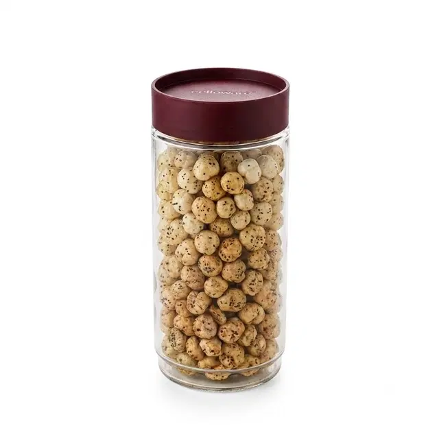 Cello Modustack Glass Storage Jar with Lid, 1000ml,Maroon | Pack of 1 | Airtight Lid | Microwave & Dishwasher Safe | Kitchen Container for Spices, Tea, Snacks, Pulses & Dry Fruits