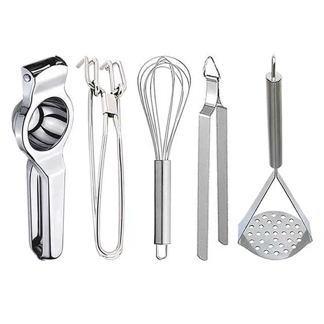 Stainless Steel Lemon Squeezer & Pakkad & Egg Whisk & Roti Chimta & Potato Masher For Kitchen, Set of 5, OC-073