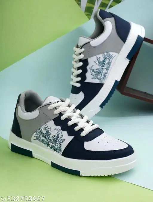 White & Blue Casual Trendy Sneakers for Men (Black, IND-6)
