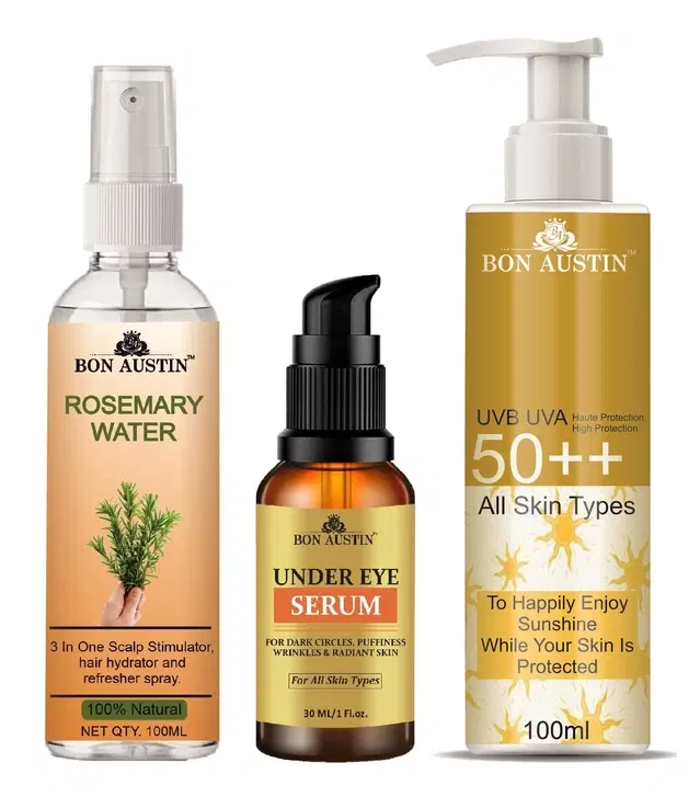 Bon Austin Rosemary Hair Spray, 100 ml with Under Eye Serum, 30 ml, UVA & UVB Protection Sunscreen Lotion, 100 ml, Set of 3