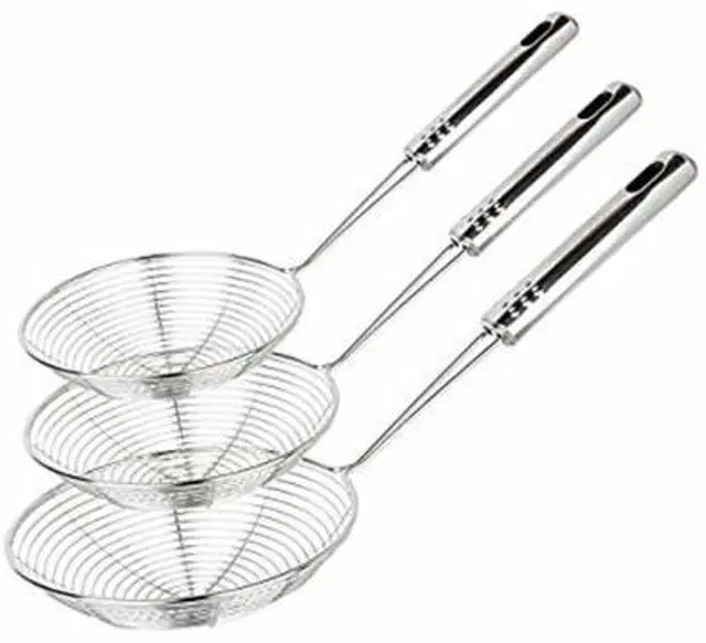 Stainless Steel Premium Quality Deep Fry Strainer, Silver, Pack of 3