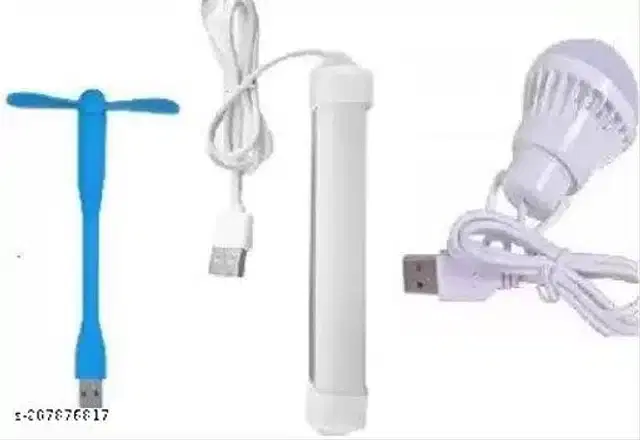 USB Mini Fan with USB Bulb & USB LED, White & Blue, Set of 3