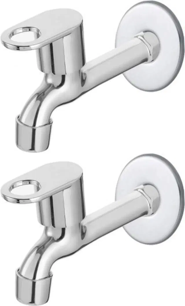 Stainless Steel Long Body Bib Cock Tap with Wall Flange, Silver, Set of 2