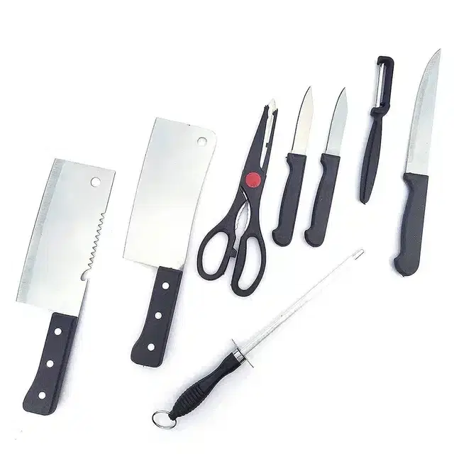 Stainless Steel Knife Sets for Kitchen & Scissor, Black, Pack of 8