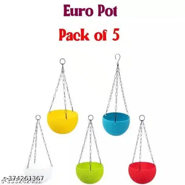 Hanging Flower Pots with Metal Chain, Multicolor, Pack of 5