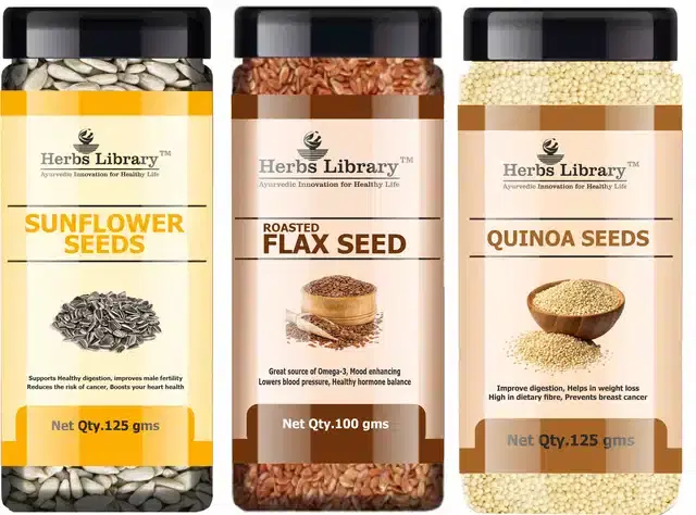 Herbs Library Sunflower Seeds, Roasted Flax Seeds and Quinoa Seeds, Pack of 3, 125 g
