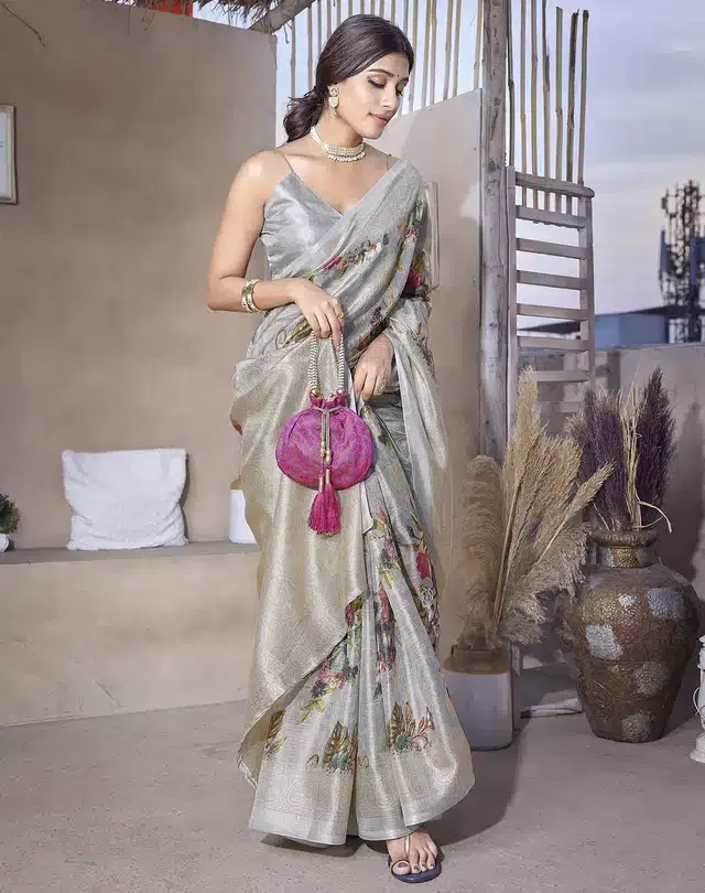 Art Silk Printed Saree for Women (Grey, 6 m)