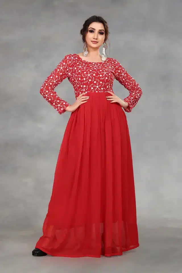 Women's Embroidered Anarkali Flared Gown (Red, M)