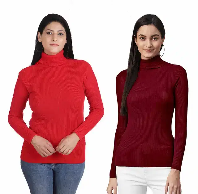 Full Sleeves High Neck Sweater for Women, Pack of 2 (Red & Maroon, M)