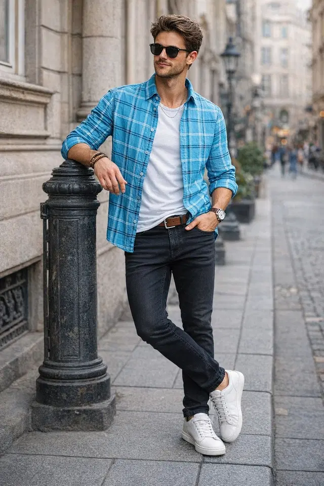 Cotton Blend Checkered Shirt for Men, Sky Blue (M)