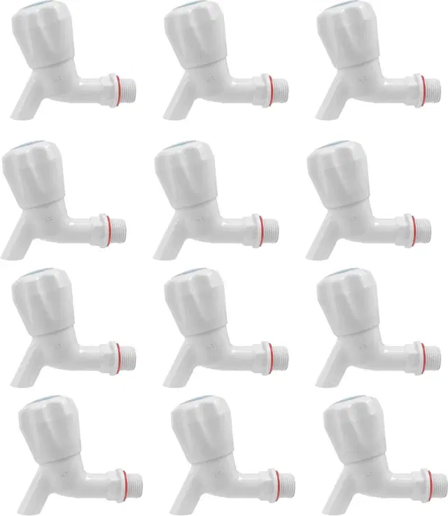 Plastic Short Body Bib Cock Tap with Wall Flange, White, Set of 12